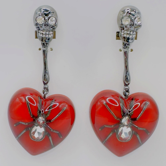ZARA Halloween Earrings Red Lucite Gothic Heart Spider Crystal Drop Dangle NEW - Picture 6 of 8